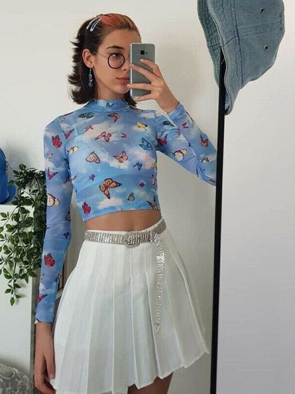 The Best Women Butterfly Pattern See Through T Shirt Lace Mesh Sheer T-Shirt Long Sleeve Cropped Top Turtleneck Tees Online - Takalr