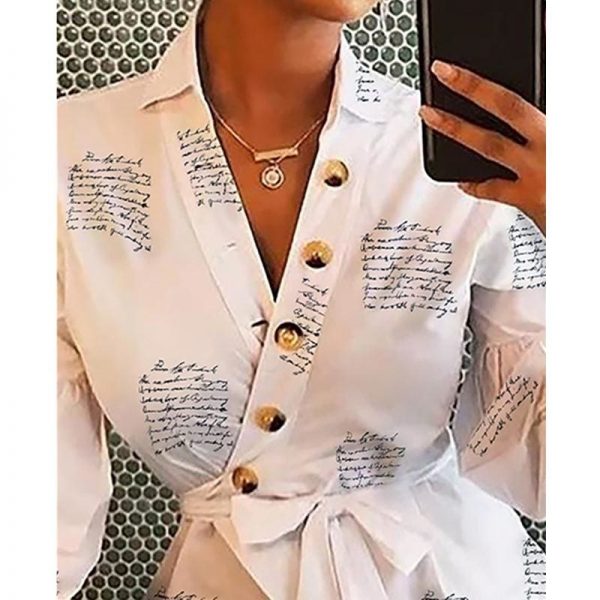 The Best Women Button Blouse Shirt Female Clothing Long Sleeve Blusas Casual Women's Office Blouses Print Letter Lady OL Top Online - Takalr