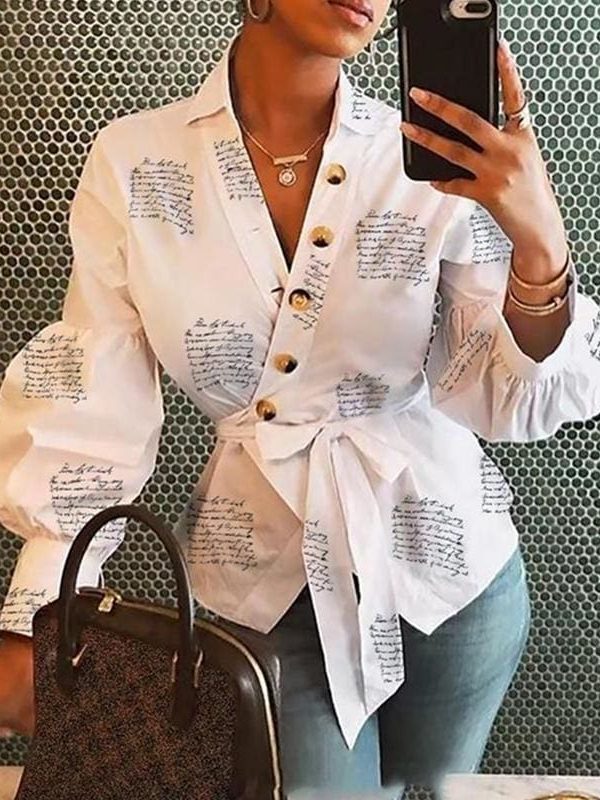 The Best Women Button Blouse Shirt Female Clothing Long Sleeve Blusas Casual Women's Office Blouses Print Letter Lady OL Top Online - Takalr