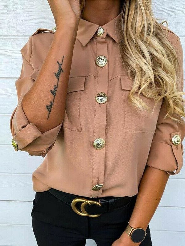 The Best Women Button Down Blouse Shirt Office Ladies Long Sleeve Casual V-Neck Loose OL Blouse Fashion New Autumn Tops Online - Takalr