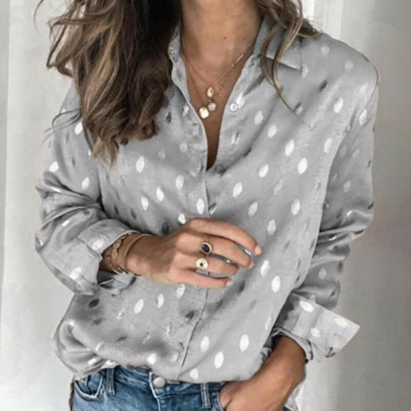 The Best Women Button Polka Dot V Neck Blouse Long Sleeve Tops Online - Takalr