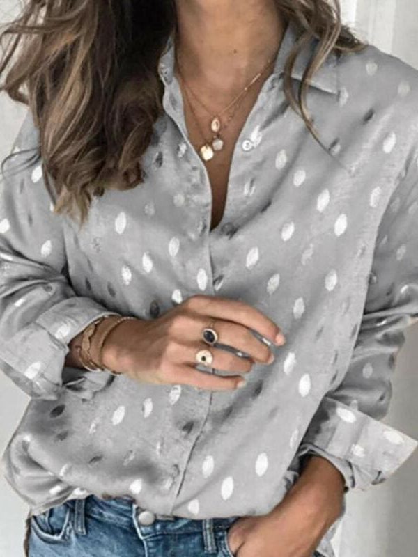 The Best Women Button Polka Dot V Neck Blouse Long Sleeve Tops Online - Takalr