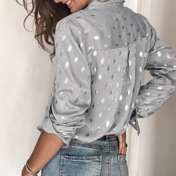 The Best Women Button Polka Dot V Neck Blouse Long Sleeve Tops Online - Takalr