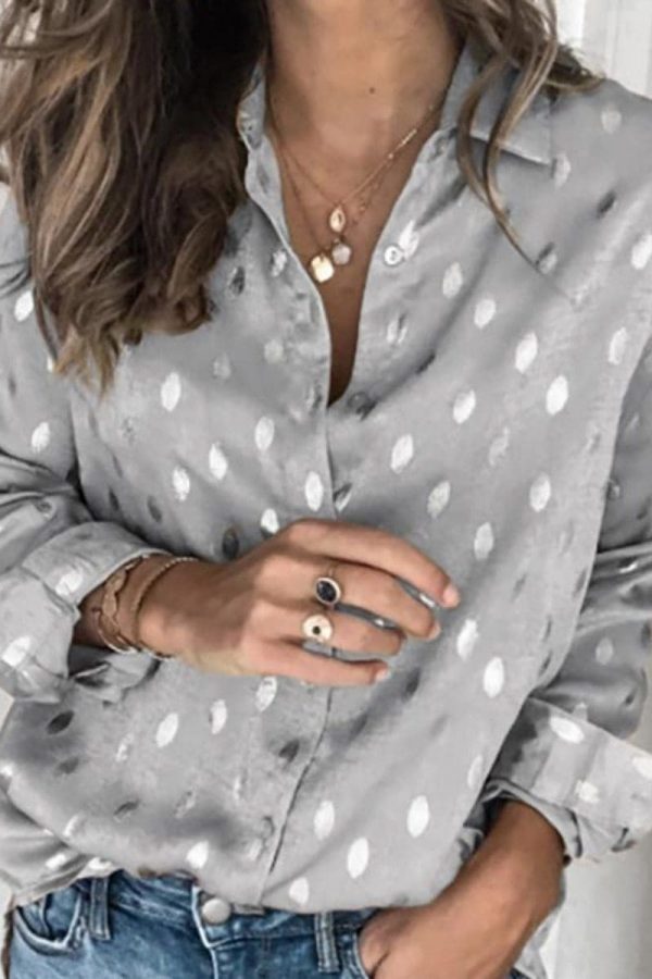 The Best Women Button Polka Dot V Neck Blouse Long Sleeve Tops Online - Takalr