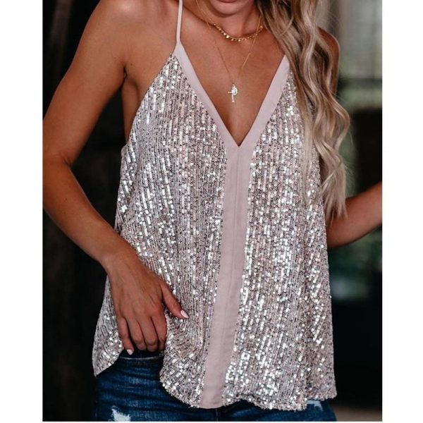 The Best Women Camisole Casual V Neck Sequins Strappy Tank Top Vest sleeveless Solid Blouse Tee Online - Takalr