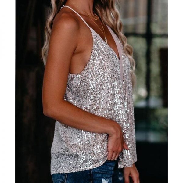 The Best Women Camisole Casual V Neck Sequins Strappy Tank Top Vest sleeveless Solid Blouse Tee Online - Takalr