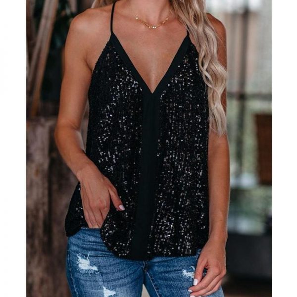 The Best Women Camisole Casual V Neck Sequins Strappy Tank Top Vest sleeveless Solid Blouse Tee Online - Takalr