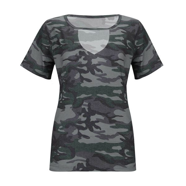 The Best Women Camouflage Army T-shirt Hollow Out Choker V-Neck Summer Ladies Casual Loose Short Sleeve T-Shirts New Online - Takalr