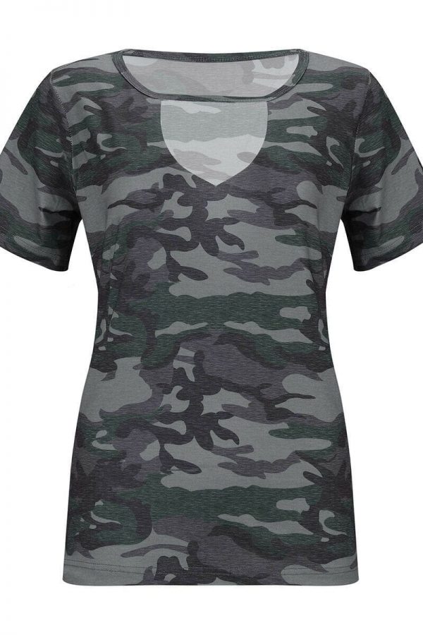 The Best Women Camouflage Army T-shirt Hollow Out Choker V-Neck Summer Ladies Casual Loose Short Sleeve T-Shirts New Online - Takalr