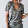 The Best Women Camouflage Army T-shirt Hollow Out Choker V-Neck Summer Ladies Casual Loose Short Sleeve T-Shirts New Online - Takalr