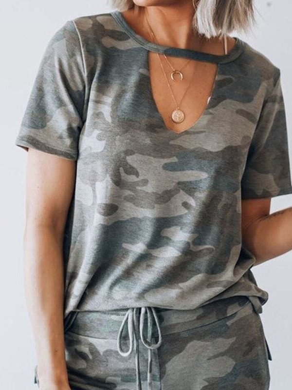 The Best Women Camouflage Army T-shirt Hollow Out Choker V-Neck Summer Ladies Casual Loose Short Sleeve T-Shirts New Online - Takalr