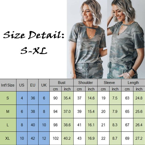 The Best Women Camouflage Army T-shirt Hollow Out Choker V-Neck Summer Ladies Casual Loose Short Sleeve T-Shirts New Online - Takalr