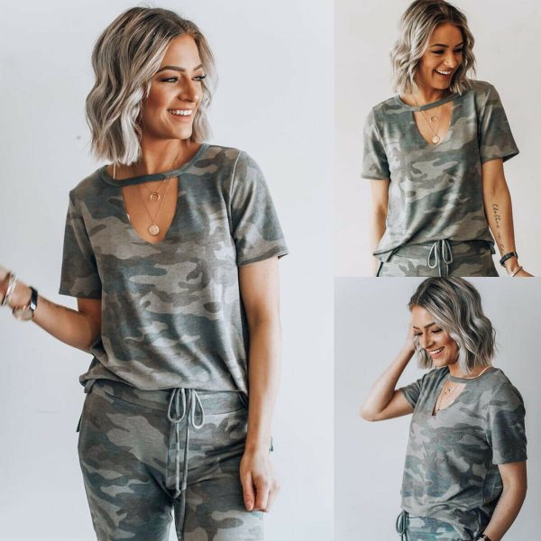 The Best Women Camouflage Army T-shirt Hollow Out Choker V-Neck Summer Ladies Casual Loose Short Sleeve T-Shirts New Online - Takalr