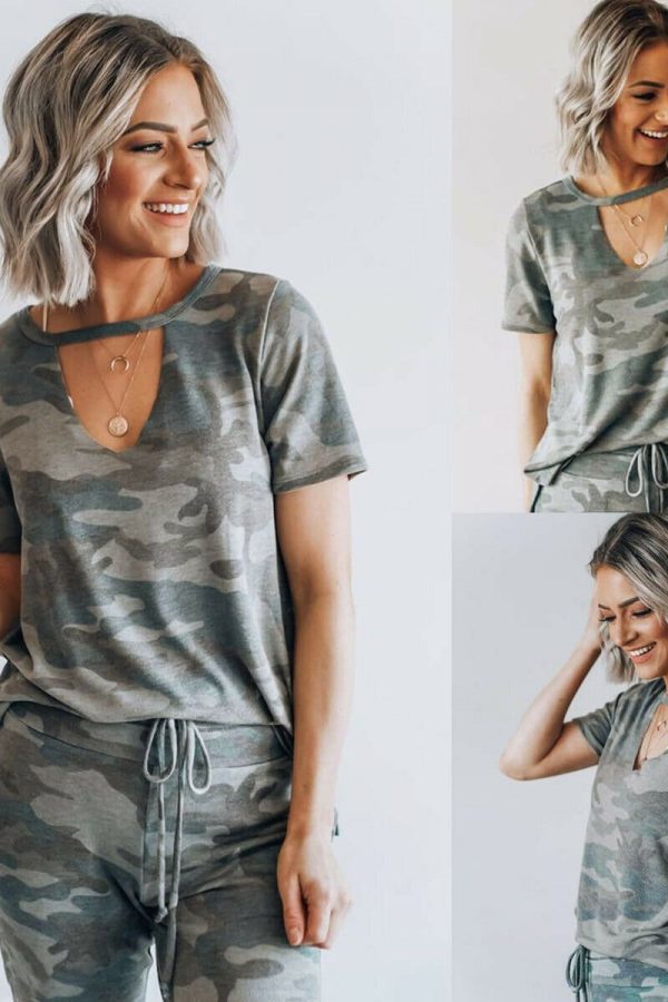 The Best Women Camouflage Army T-shirt Hollow Out Choker V-Neck Summer Ladies Casual Loose Short Sleeve T-Shirts New Online - Takalr