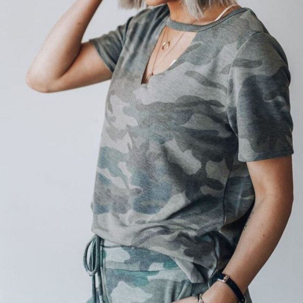 The Best Women Camouflage Army T-shirt Hollow Out Choker V-Neck Summer Ladies Casual Loose Short Sleeve T-Shirts New Online - Takalr