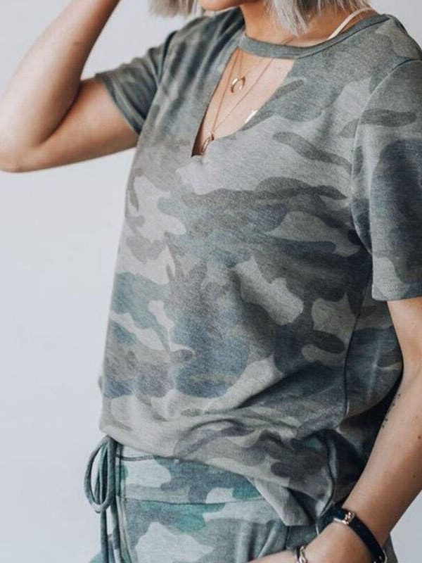 The Best Women Camouflage Army T-shirt Hollow Out Choker V-Neck Summer Ladies Casual Loose Short Sleeve T-Shirts New Online - Takalr