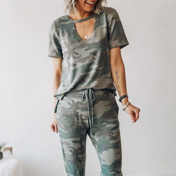 The Best Women Camouflage Army T-shirt Hollow Out Choker V-Neck Summer Ladies Casual Loose Short Sleeve T-Shirts New Online - Takalr