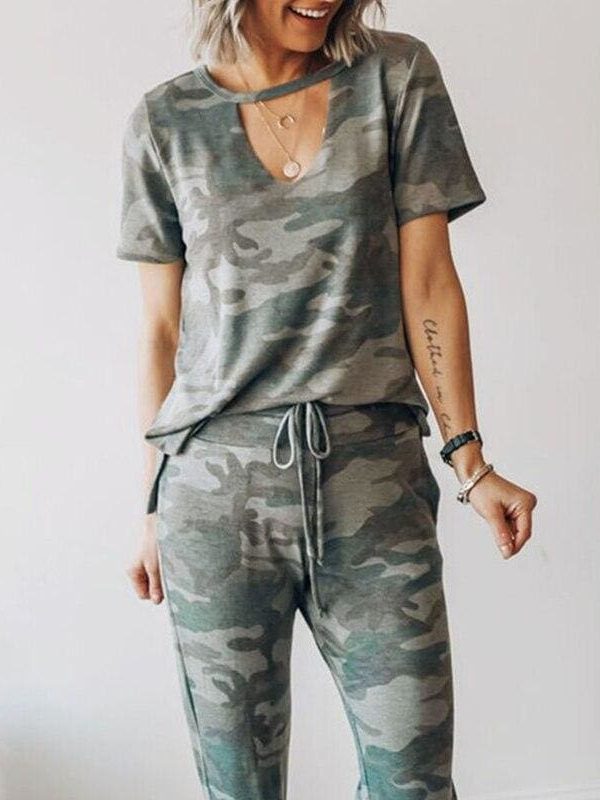 The Best Women Camouflage Army T-shirt Hollow Out Choker V-Neck Summer Ladies Casual Loose Short Sleeve T-Shirts New Online - Takalr