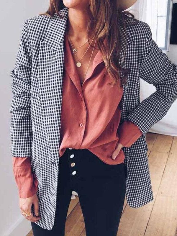 The Best Women Casual Blazer Jacket Lapel Tops Plaid Coat Slim Cardigan Outwear Overcoat Fashion Women Office Lady Elegant Coat Online - Takalr