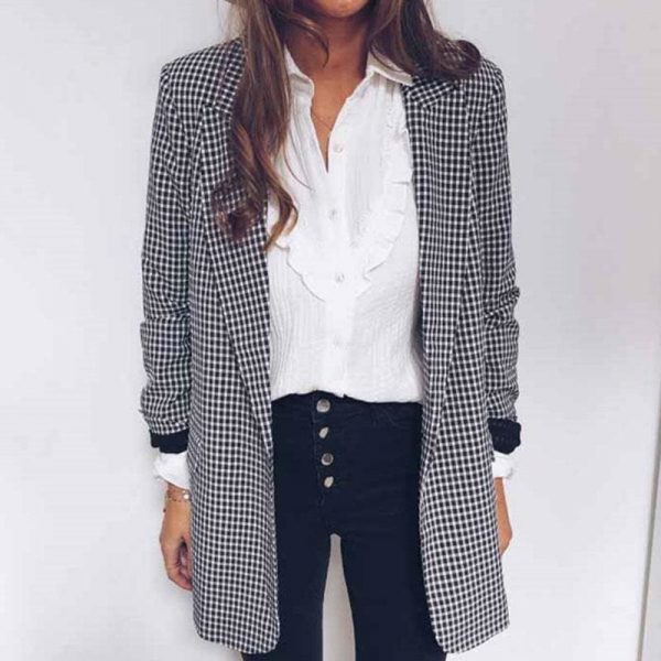 The Best Women Casual Blazer Jacket Lapel Tops Plaid Coat Slim Cardigan Outwear Overcoat Fashion Women Office Lady Elegant Coat Online - Takalr