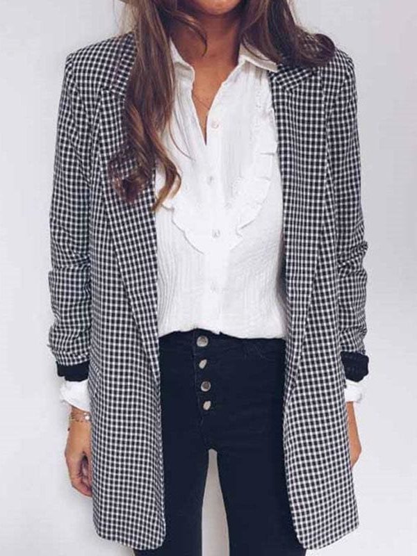 The Best Women Casual Blazer Jacket Lapel Tops Plaid Coat Slim Cardigan Outwear Overcoat Fashion Women Office Lady Elegant Coat Online - Takalr