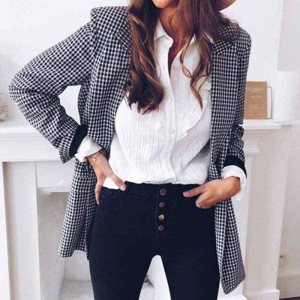 The Best Women Casual Blazer Jacket Lapel Tops Plaid Coat Slim Cardigan Outwear Overcoat Fashion Women Office Lady Elegant Coat Online - Takalr