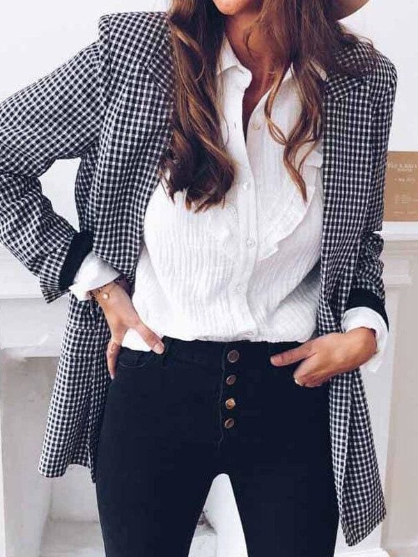 The Best Women Casual Blazer Jacket Lapel Tops Plaid Coat Slim Cardigan Outwear Overcoat Fashion Women Office Lady Elegant Coat Online - Takalr