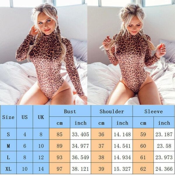 The Best Women Casual Leopard Bodysuit Sexy Ladies High Neck Long Sleeve Leotard Slim Jumpsuit Romper Tops Overalls for Women Online - Takalr