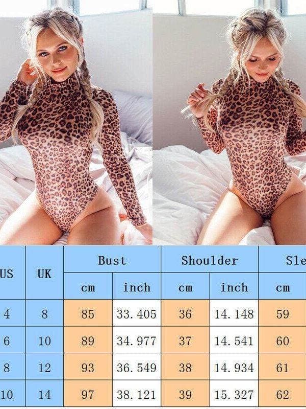 The Best Women Casual Leopard Bodysuit Sexy Ladies High Neck Long Sleeve Leotard Slim Jumpsuit Romper Tops Overalls for Women Online - Takalr