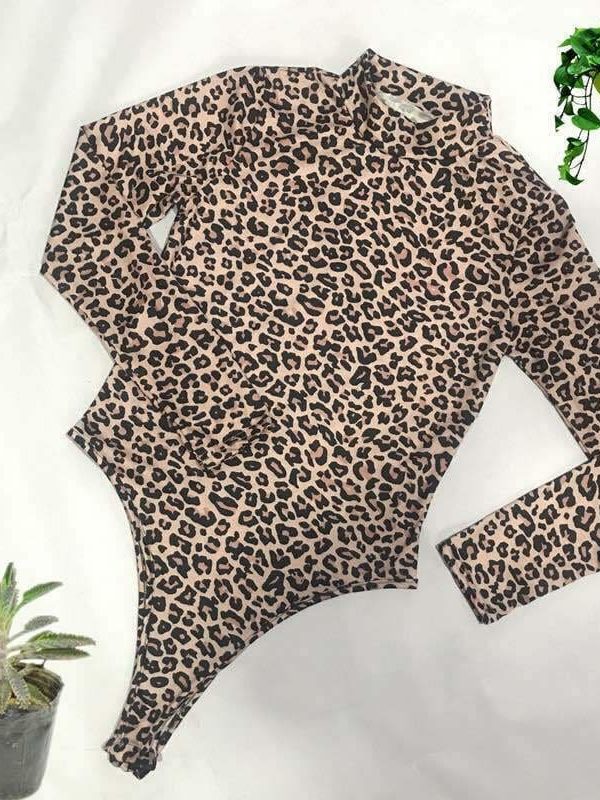 The Best Women Casual Leopard Bodysuit Sexy Ladies High Neck Long Sleeve Leotard Slim Jumpsuit Romper Tops Overalls for Women Online - Takalr