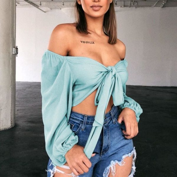 The Best Women Casual Long Sleeve Crop Tops Off Shoulder Summer Shirt Bow Beach Holiday Loose V Neck Tops Shirt Online - Takalr