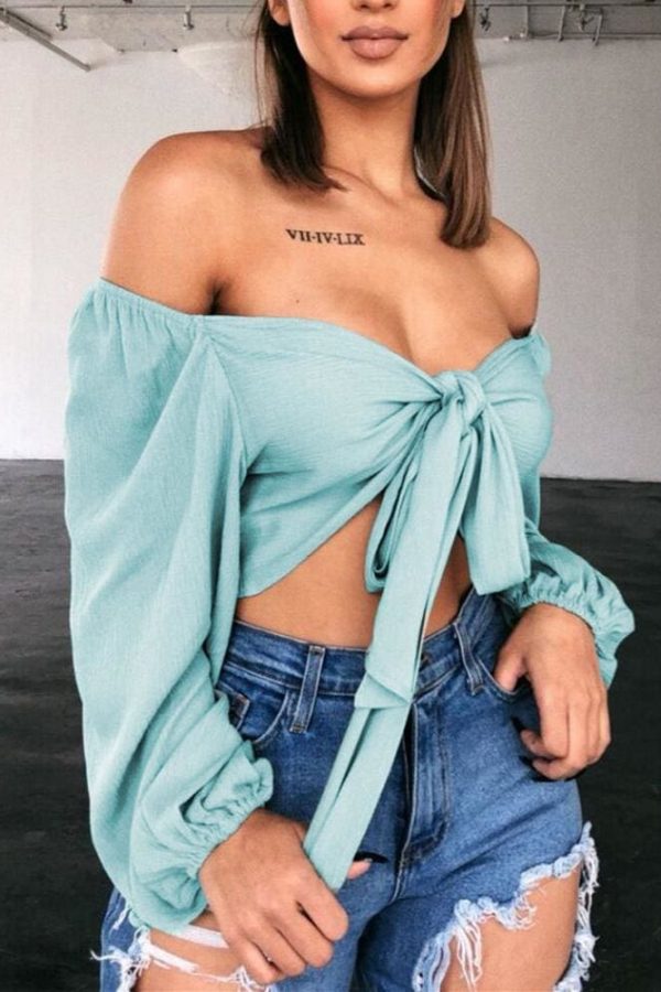 The Best Women Casual Long Sleeve Crop Tops Off Shoulder Summer Shirt Bow Beach Holiday Loose V Neck Tops Shirt Online - Takalr