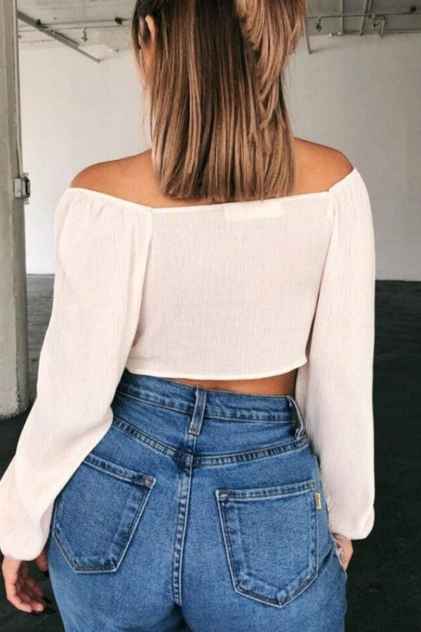 The Best Women Casual Long Sleeve Crop Tops Off Shoulder Summer Shirt Bow Beach Holiday Loose V Neck Tops Shirt Online - Takalr