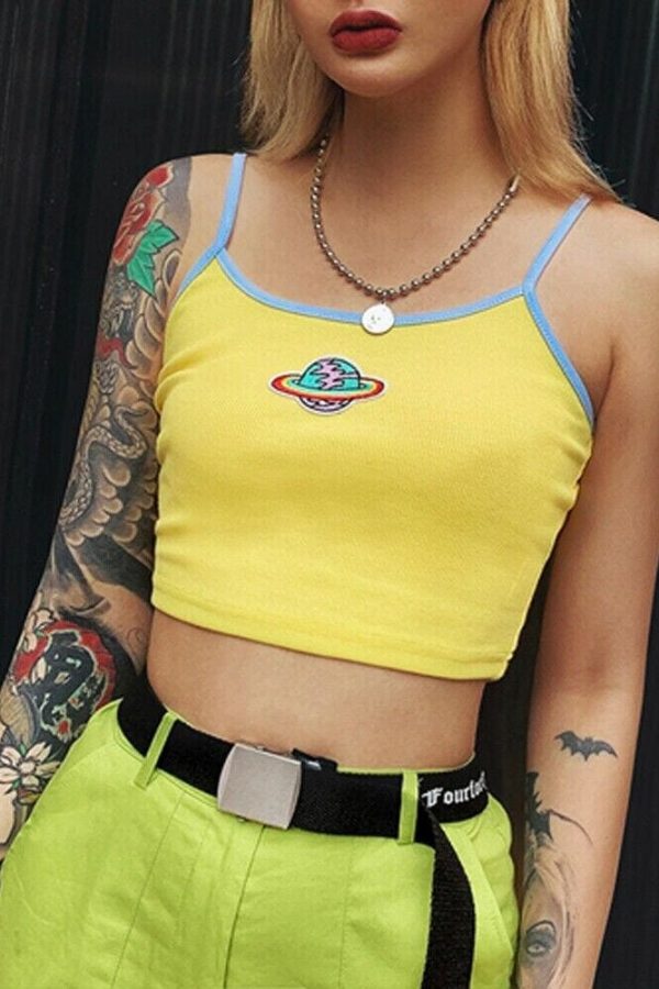 The Best Women Casual Printed Yellow Tank Top Bustier Vest Blouse Ladies Sleeveless Summer Beach Crop Top Shirt Cami Top Online - Takalr