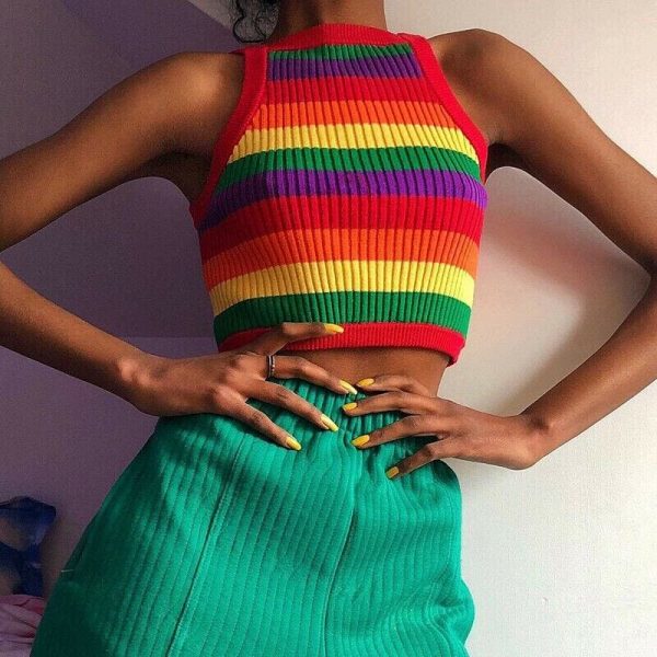 The Best Women Casual Rainbow Striped Tank Top Vest Blouse Sleeveless Fashion Ladies Summer Beach Holiday Crop Top Shirt Cami Top Online - Takalr