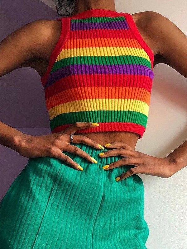 The Best Women Casual Rainbow Striped Tank Top Vest Blouse Sleeveless Fashion Ladies Summer Beach Holiday Crop Top Shirt Cami Top Online - Takalr