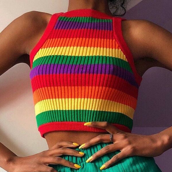 The Best Women Casual Rainbow Striped Tank Top Vest Blouse Sleeveless Fashion Ladies Summer Beach Holiday Crop Top Shirt Cami Top Online - Takalr