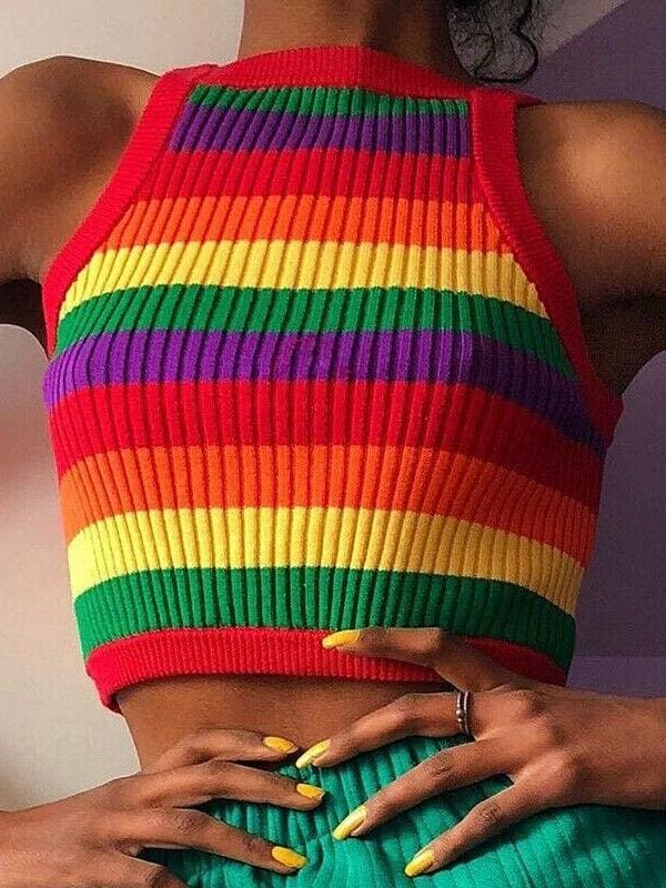 The Best Women Casual Rainbow Striped Tank Top Vest Blouse Sleeveless Fashion Ladies Summer Beach Holiday Crop Top Shirt Cami Top Online - Takalr