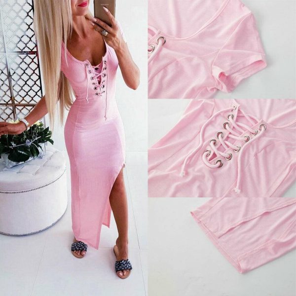 The Best Women Casual Scoop Neck Short Sleeve Bodycon Dress Ladies Summer Holiday Party Long Split Dress Sundress Online - Takalr