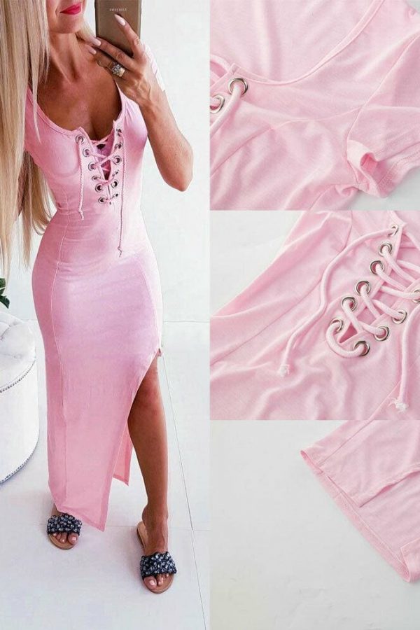 The Best Women Casual Scoop Neck Short Sleeve Bodycon Dress Ladies Summer Holiday Party Long Split Dress Sundress Online - Takalr