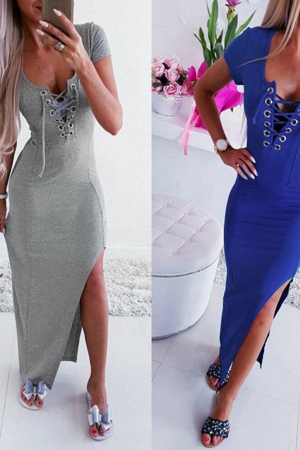 The Best Women Casual Scoop Neck Short Sleeve Bodycon Dress Ladies Summer Holiday Party Long Split Dress Sundress Online - Takalr