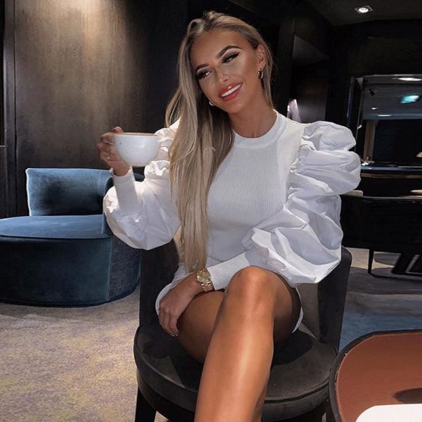 The Best Women Casual Solid Puff Long Sleeve Knitted Tops Blouse Sexy Ladies Slim Fit Clubwear Pullover Shirts Online - Source Silk