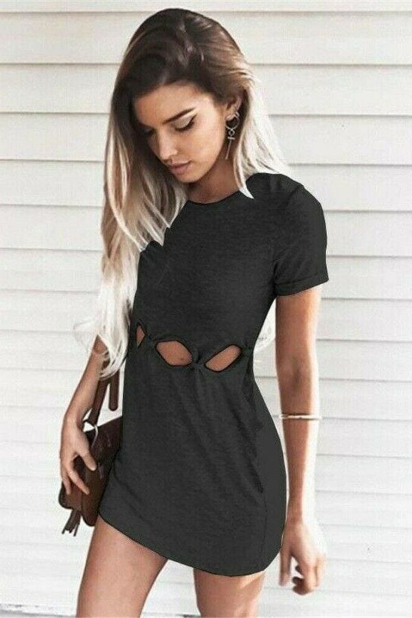 The Best Women Casual Solid Short Sleeve High Waist Dress 2019 Fashion Hollow Out Bodycon Dress Loose Summer Mini Dress Online - Takalr