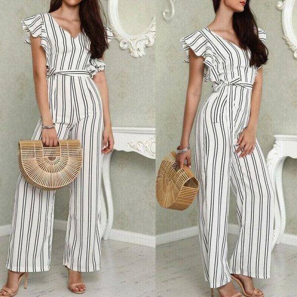 The Best Women Casual Striped V Neck Loose Playsuit Jumpsuits Women Romper Party Ladies Sleeveless Long Pant Trouser Jumpsuit Online - Takalr