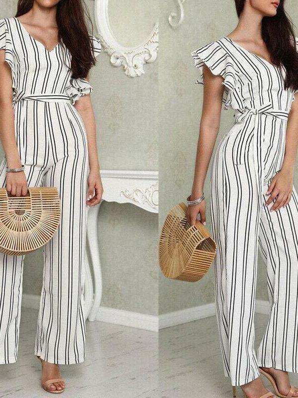 The Best Women Casual Striped V Neck Loose Playsuit Jumpsuits Women Romper Party Ladies Sleeveless Long Pant Trouser Jumpsuit Online - Takalr