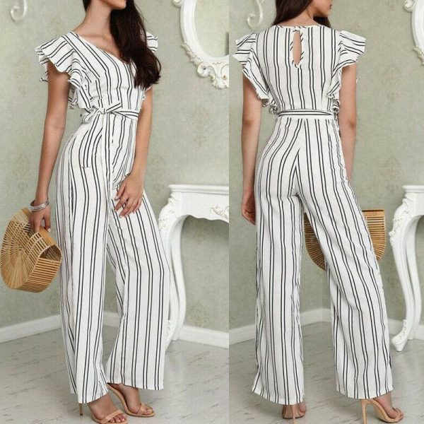 The Best Women Casual Striped V Neck Loose Playsuit Jumpsuits Women Romper Party Ladies Sleeveless Long Pant Trouser Jumpsuit Online - Takalr