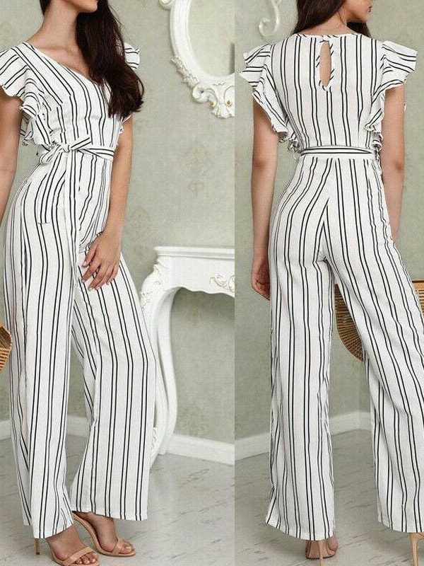 The Best Women Casual Striped V Neck Loose Playsuit Jumpsuits Women Romper Party Ladies Sleeveless Long Pant Trouser Jumpsuit Online - Takalr