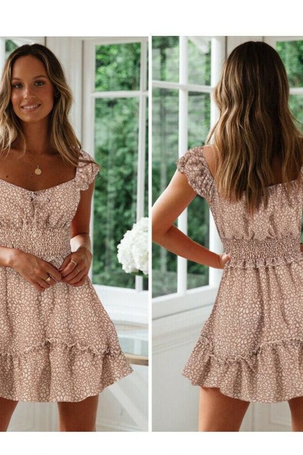 The Best Women Casual Summer Boho High Waist Short Mini Dress Frill Lady Short Sleeve Holiday Beach Dress Sundress New Online - Takalr