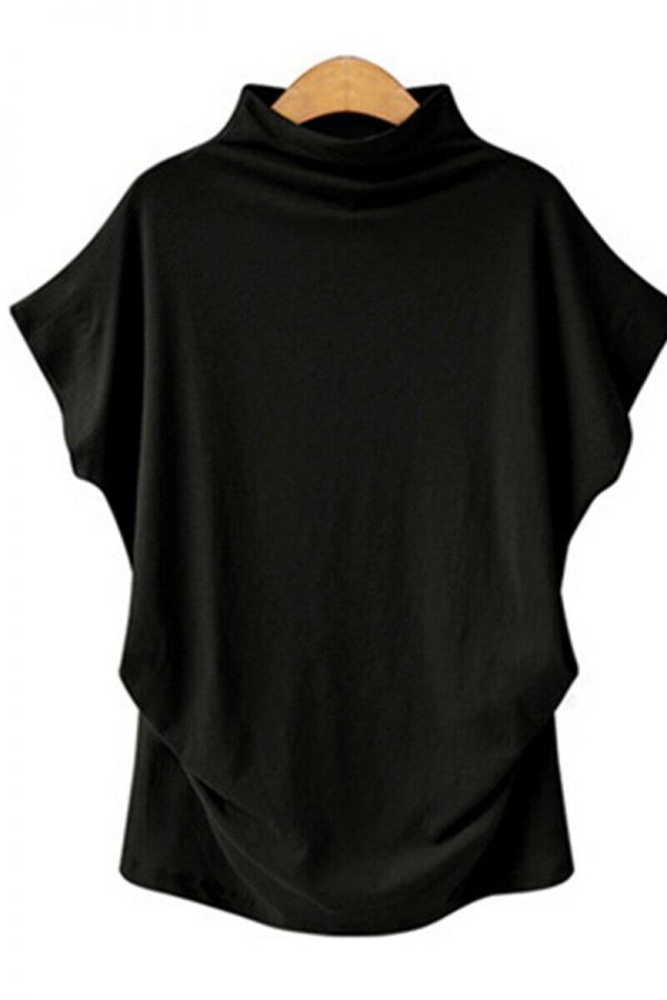 The Best Women Casual Summer T Shirt Short Batwing Sleeve Loose Tops Solid Black Gray Turtleneck Tee Shirt T-Shirts Ladies Tees Tops Online - Takalr