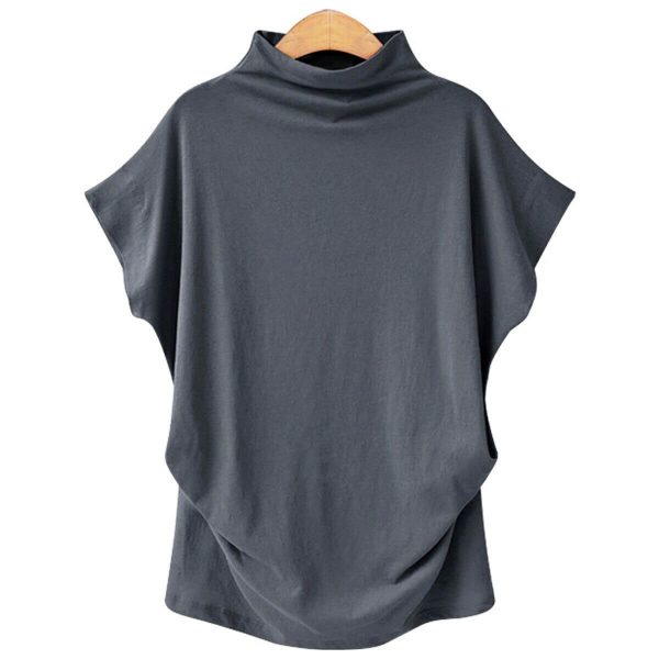 The Best Women Casual Summer T Shirt Short Batwing Sleeve Loose Tops Solid Black Gray Turtleneck Tee Shirt T-Shirts Ladies Tees Tops Online - Takalr